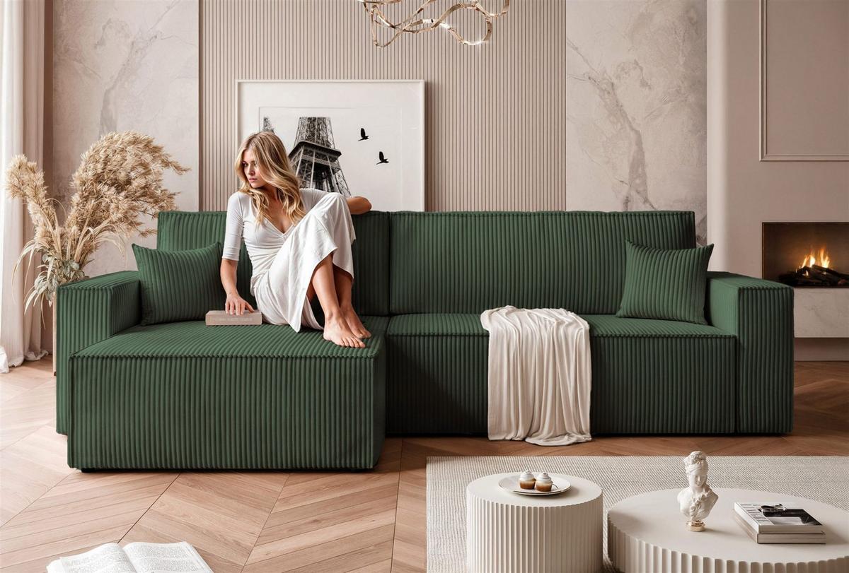 ECKSOFA Adara Max Mit Schlaffunktion - Grün, Holzwerkstoff/Textil (276/145cm) - Fun Möbel
