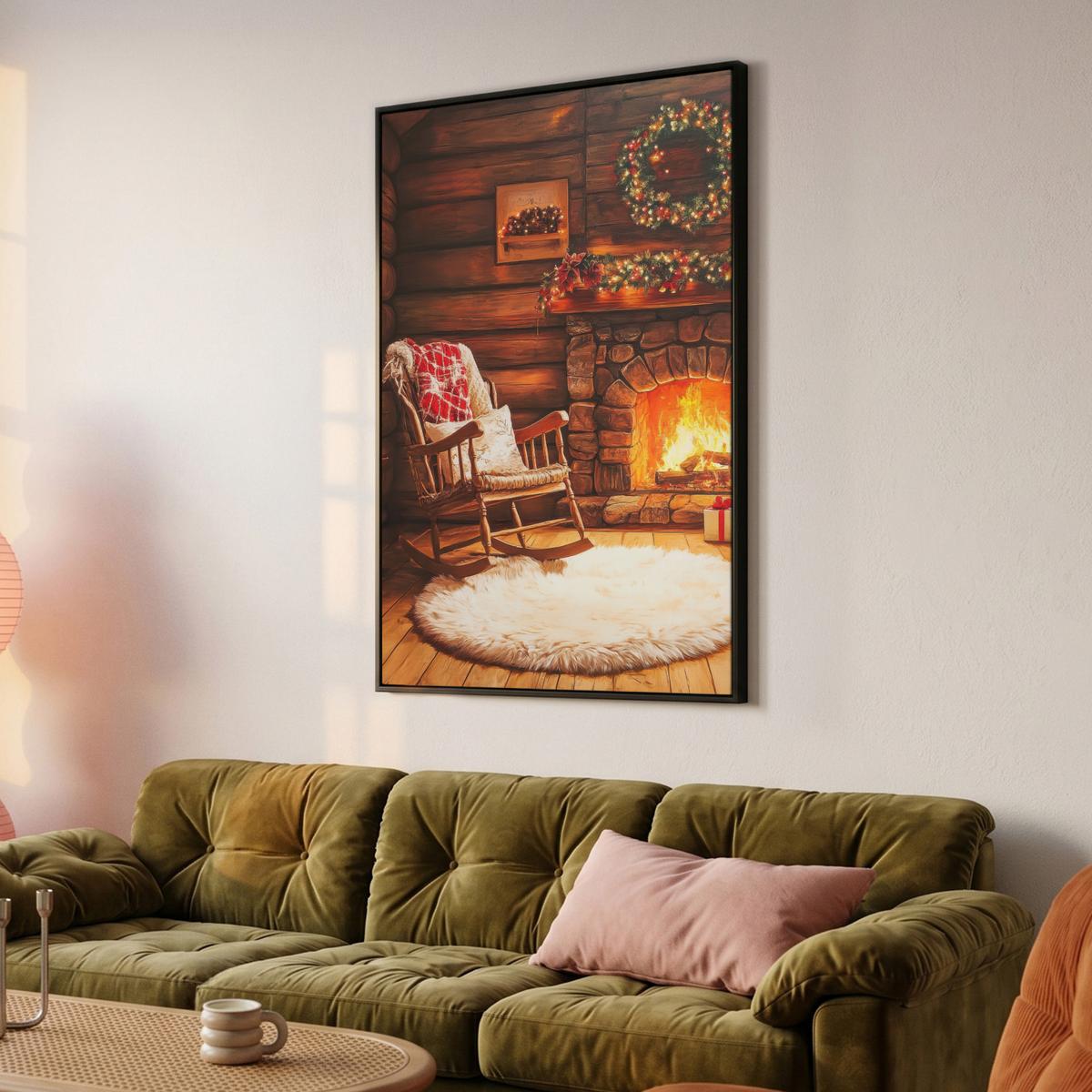 LEINWAND Bilder mit Rahmen - Winter - Weihnachten - Zuhause - Kamin - 90x140 - Bernsteinfarben, Textil (90/140cm) - MuchoWow