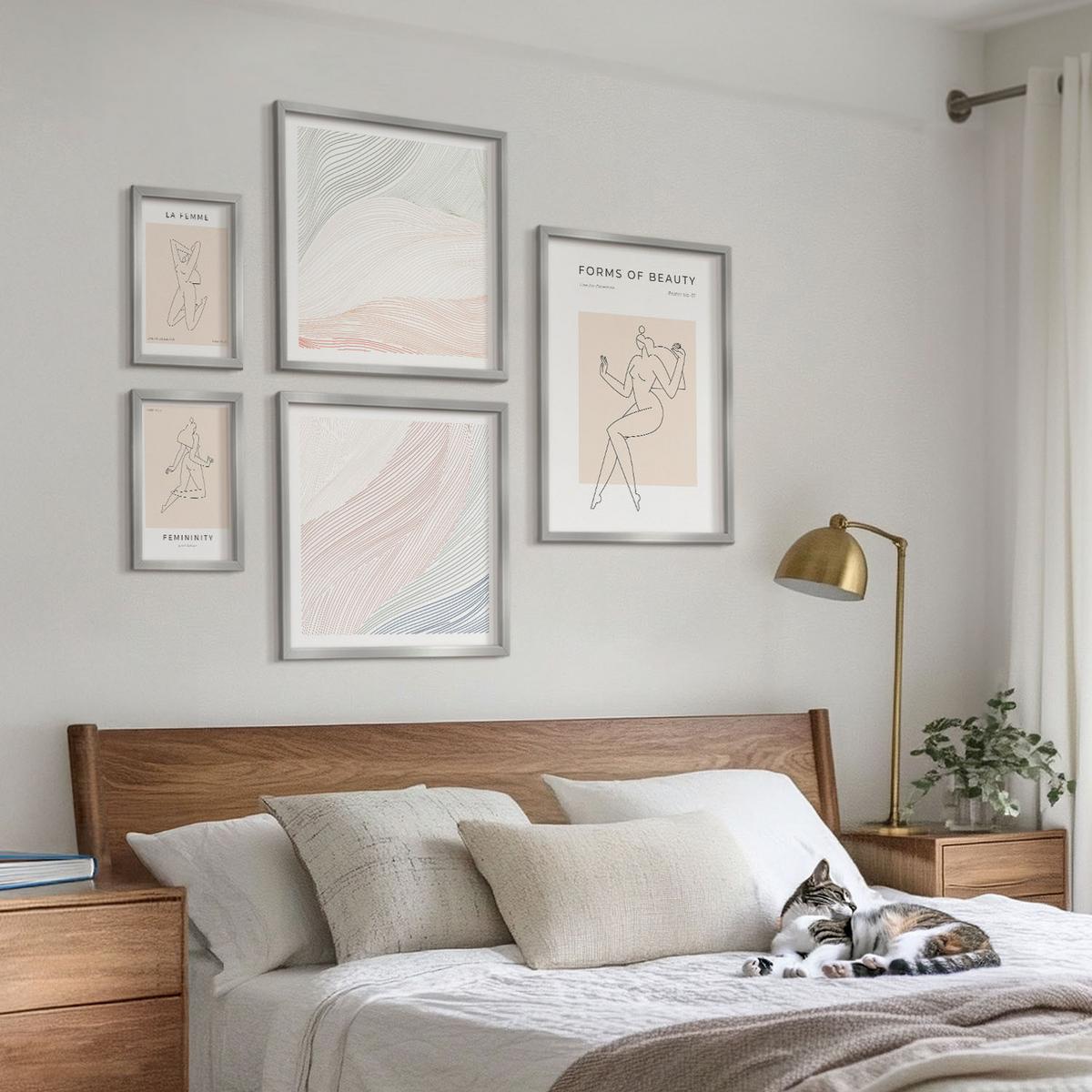 BILDER SET 5er Set - 50x50 cm & 20x30 cm & 40x60 cm Silberner Rahmen - Weibliche Silhouetten auf Plakaten - Silberfarben, Kunststoff (40/60cm) - TULUP