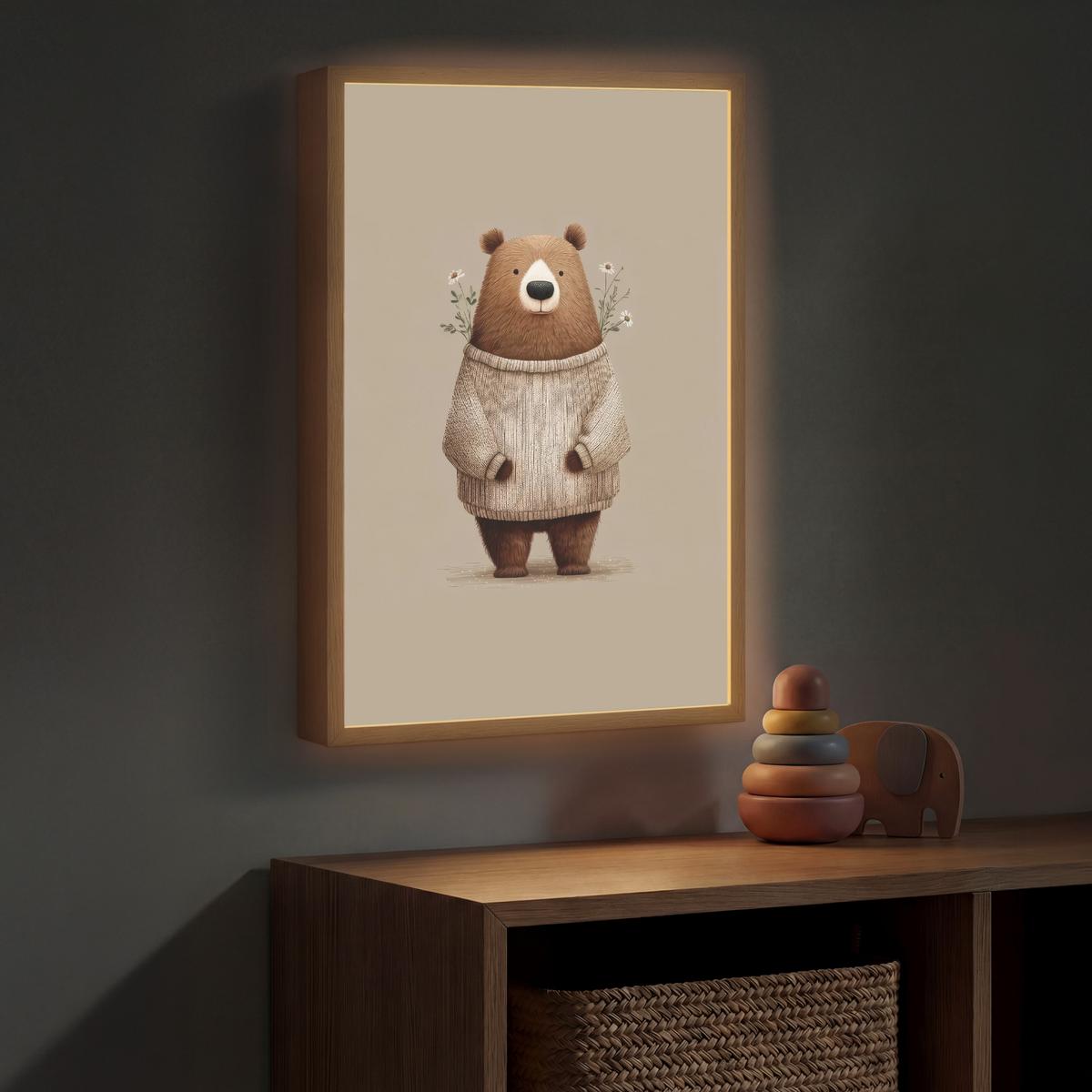 WANDLEUCHTE MIT AKKU Bär - Weiße Blumen - Gemütlich 40x60 cm - Taupe, Holzwerkstoff (40/60/8cm) - OnlyWow