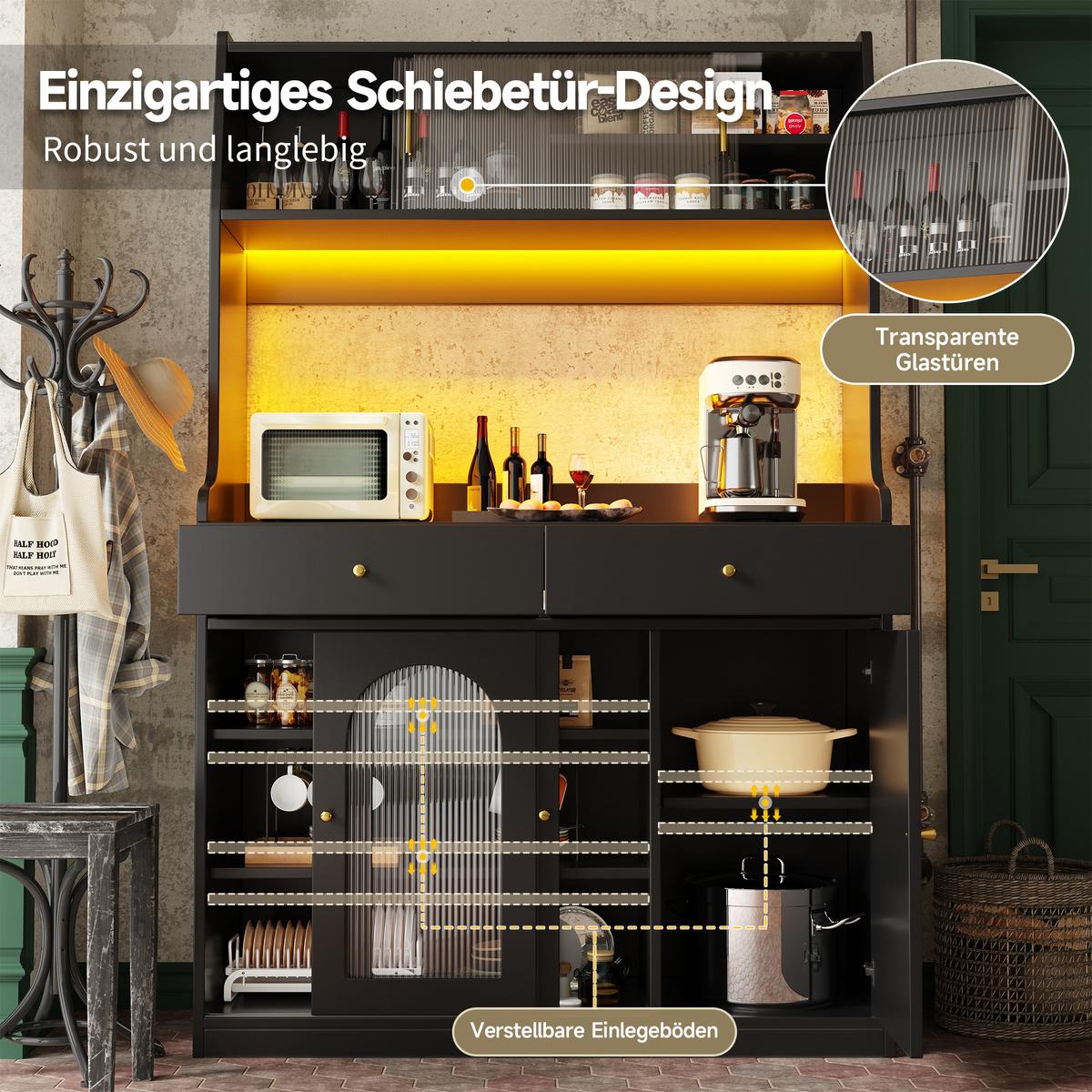 BUFFETSCHRANK schwarz mit glastüren 180 cm hoch mit app-led & 2 schubladen - Schwarz, Holzwerkstoff (120/180/40cm) - Urban Meuble