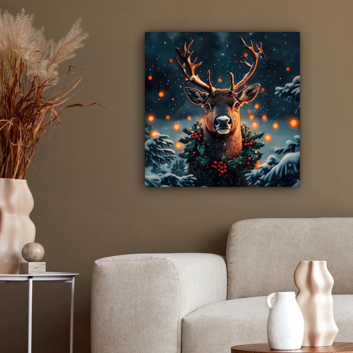 LEINWANDBILD Hirsch - Weihnachten - Winter - Schnee - Weihnachtskranz Wandbild Wohnzimmer 50x50 cm - Dunkelbraun, Textil (50/50cm) - MuchoWow