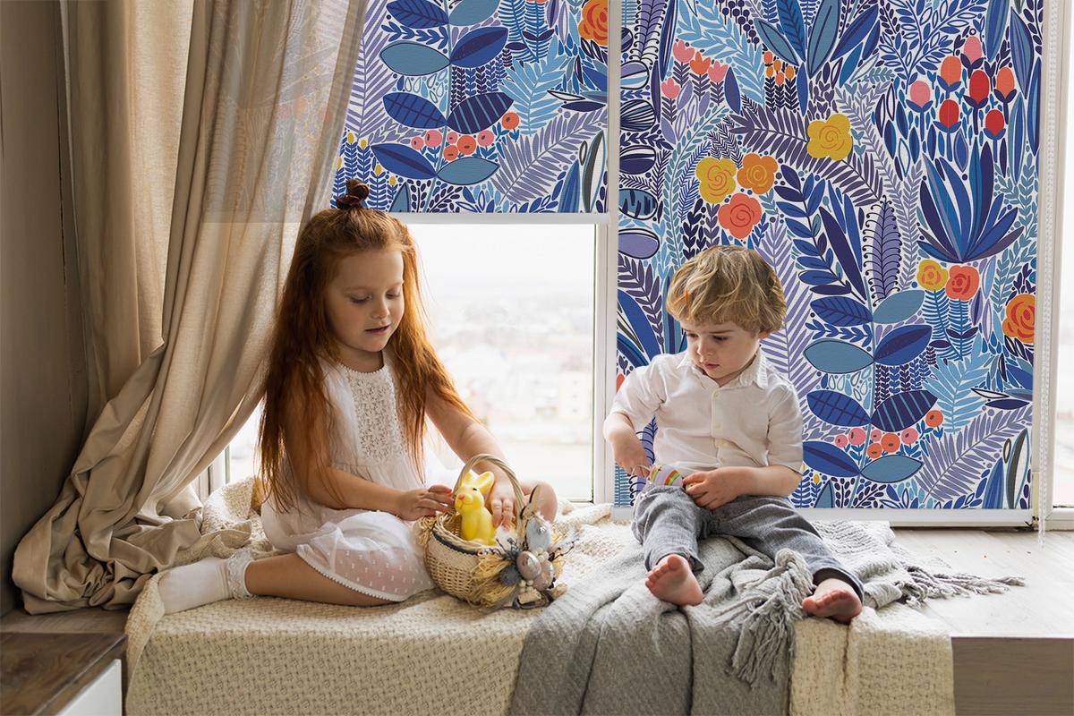 INNENROLLO - Fensterrollo - Rollo - 90x180 cm - Bunte Pflanzen - Blau, Kunststoff (90/180/0.5cm) - TULUP