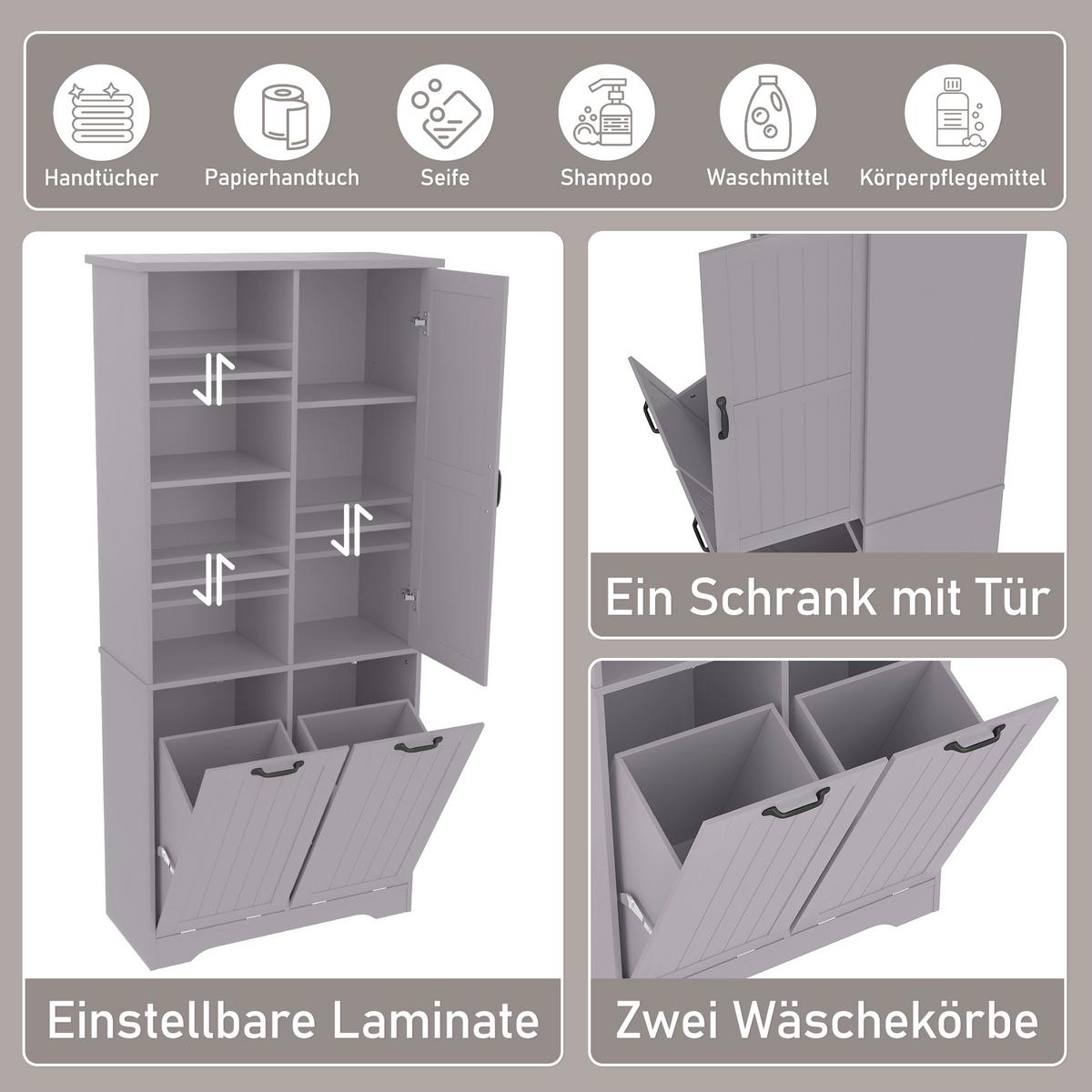 HOCHSCHRANK (Bad) Grau mit Doppel-Wäschekorb - Grau, Holzwerkstoff (78/173/35cm) - Urban Meuble