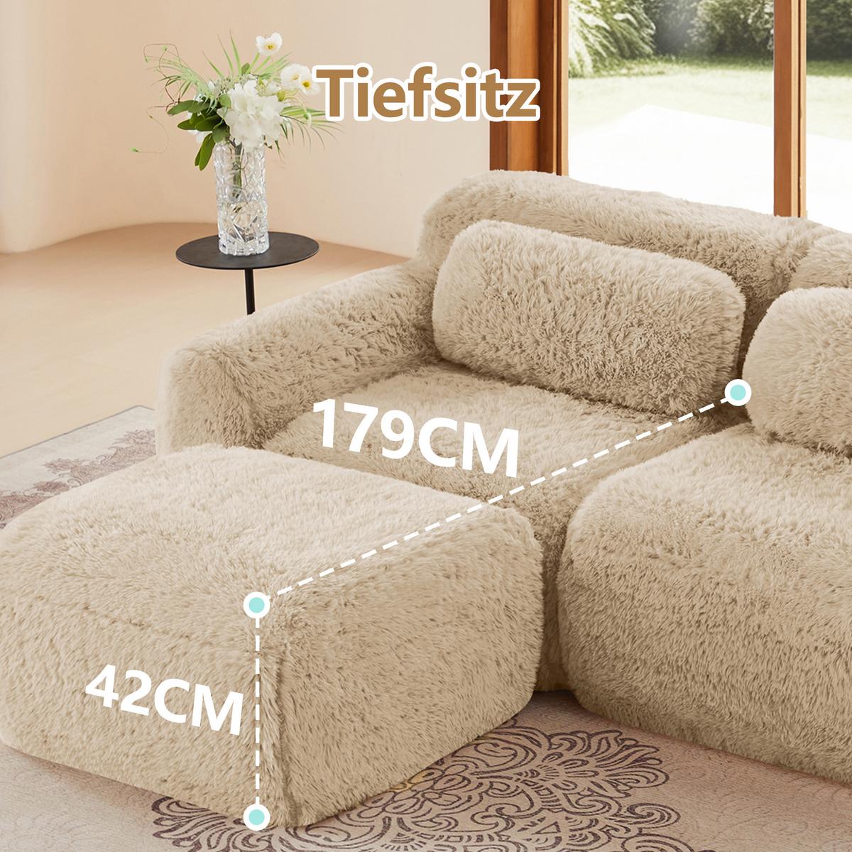 3-SITZER SOFA plüschstoff in hellkhaki, rahmenlos & montagefrei - Hellgelb, Textil (291/73/104cm) - Urban Meuble