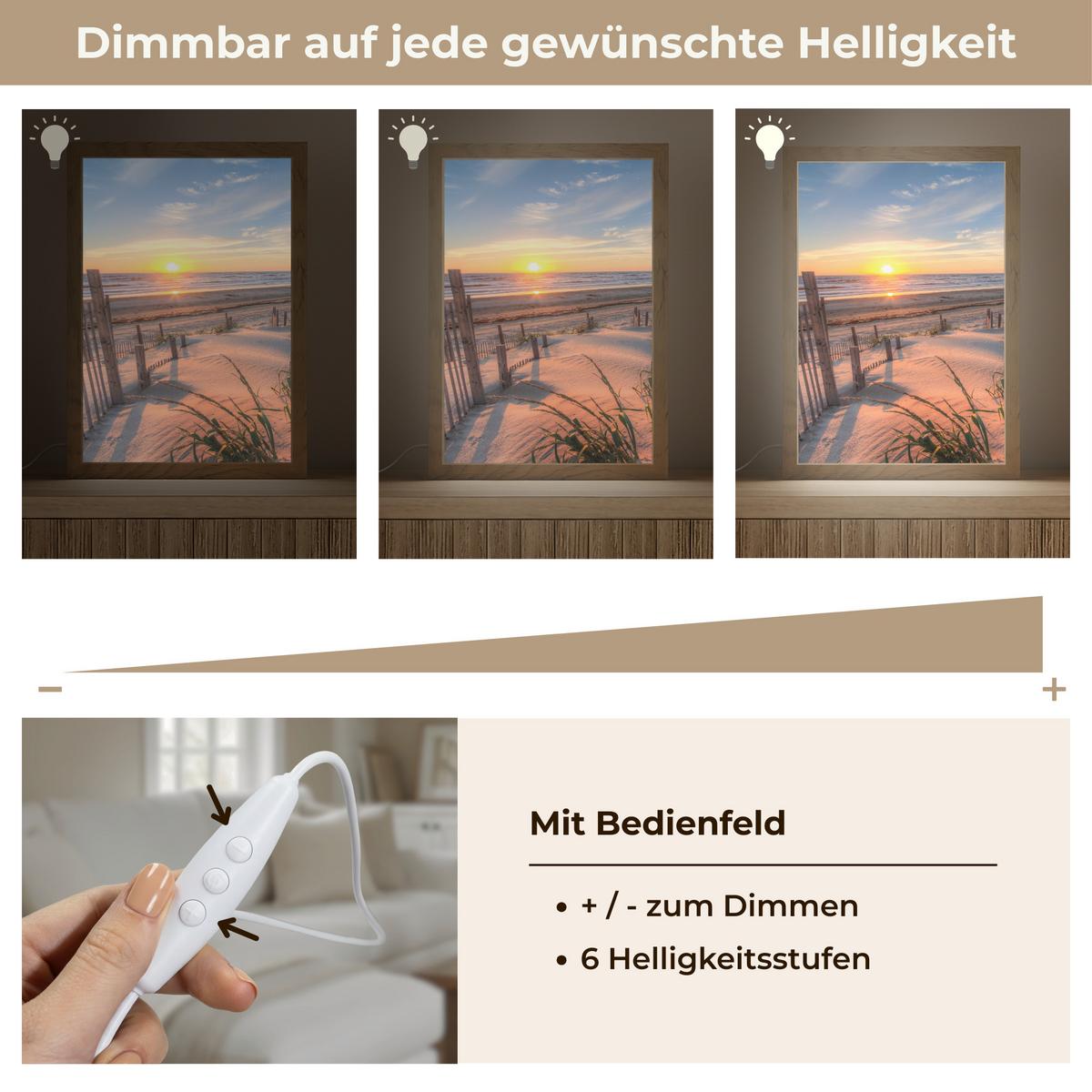TISCHLEUCHTE Strand - Meer - Düne - Sonnenuntergang - Landschaft 20x30 cm - Creme, Holzwerkstoff (8/20/30cm) - OnlyWow