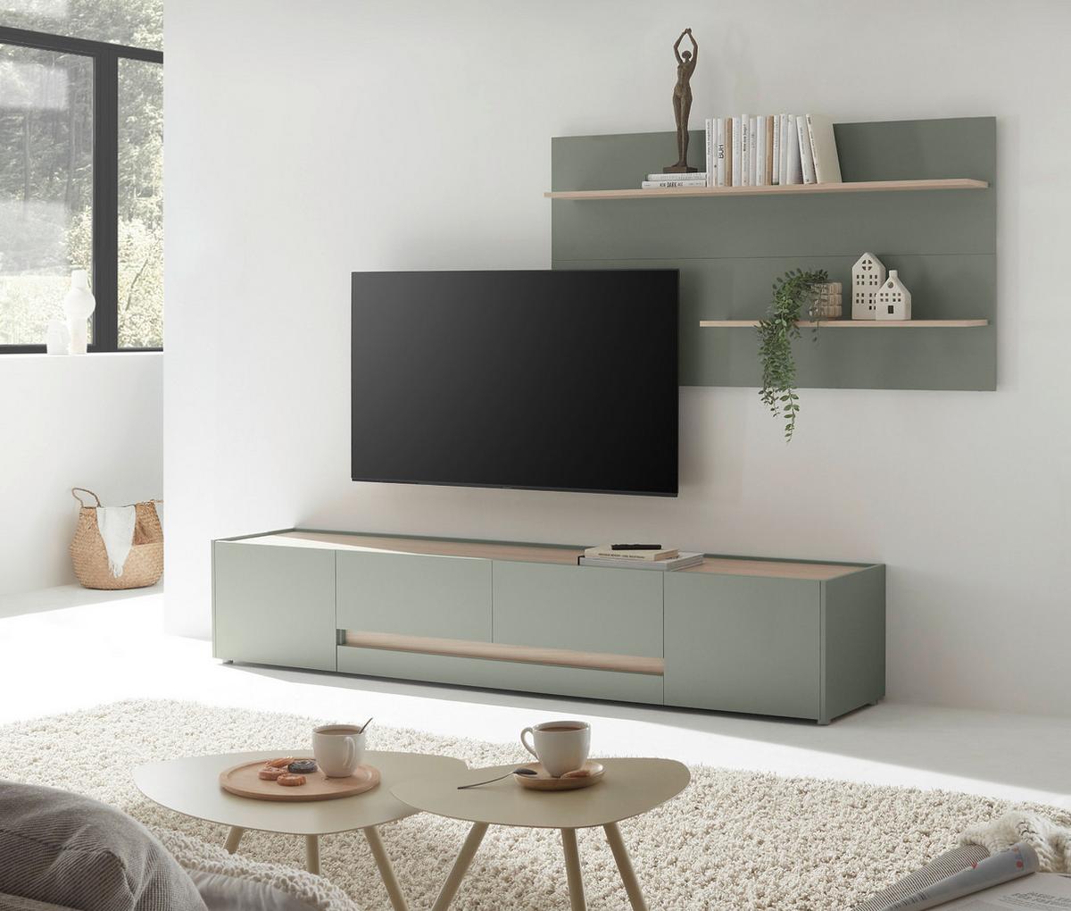 WOHNWAND in Salbei Grün mit Eiche, Wohnkombination 2-teilig mit XXL TV-Lowboard, Breite 300 cm - Salbeigrün/Eichefarben, Holz/Holzwerkstoff (300/190/45cm) - Furn.Design