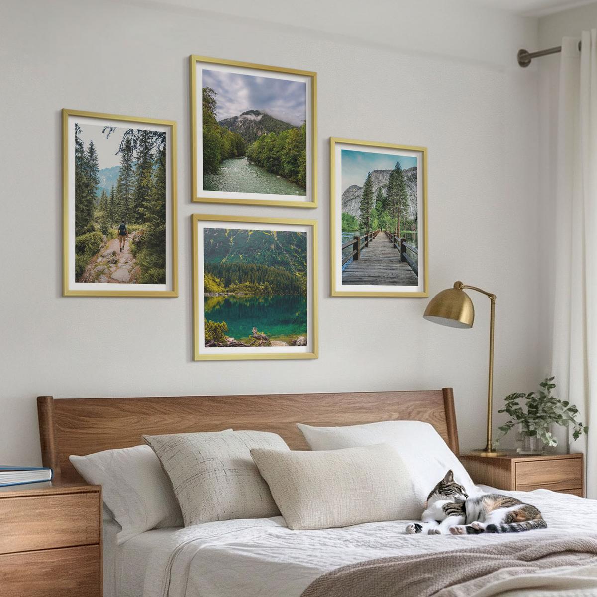 BILDER SET 4er Set - 50x50 cm & 40x60 cm Goldrahmen - Berge, Seen, Wälder, Wege - Goldfarben, Kunststoff (50/50cm) - TULUP