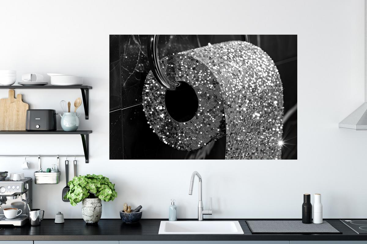 WANDTATTOO WC - Toilettenpapier - Schwarz und weiß - Glitter Wandsticker 120x80 cm - Silberfarben, Kunststoff (120/80/0.1cm) - MuchoWow