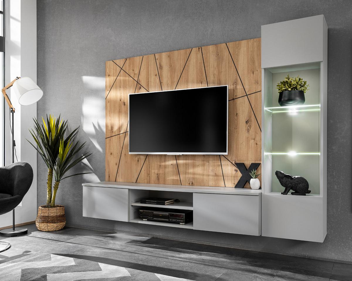 WOHNWAND hellgrau, Eiche Artisan 200 cm, Schrankwand inklusive Beleuchtung, Push-to-Open - Hellgrau/Eiche Artisan, Glas/Holzwerkstoff (200/148/35cm) - Inn.Furn