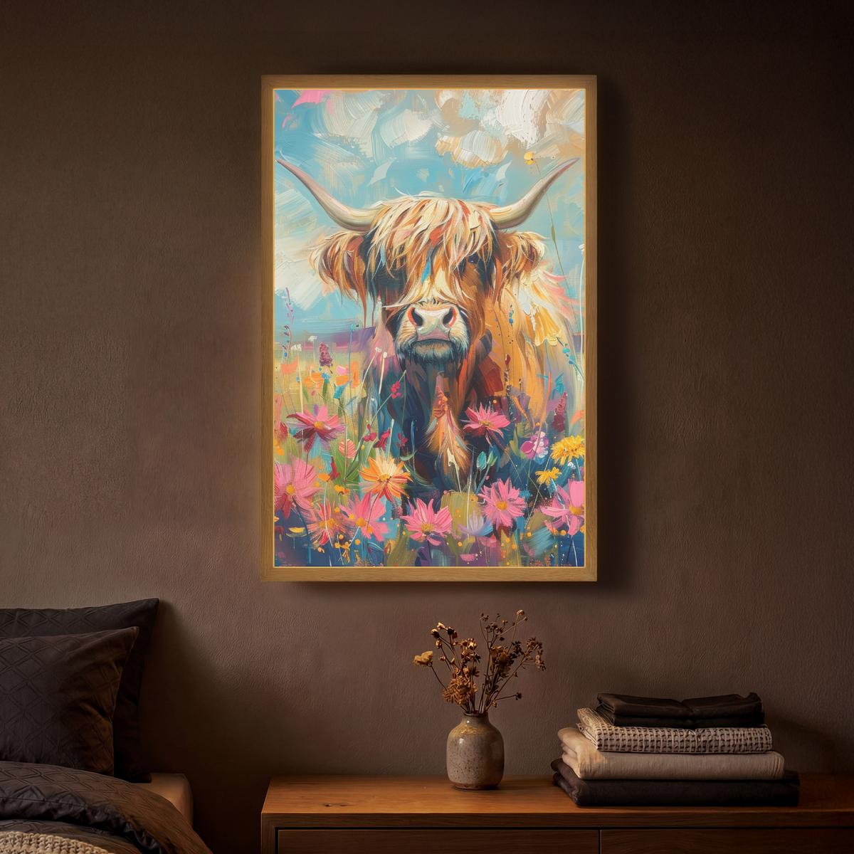 WANDLEUCHTE MIT AKKU Schottische Hochländer - Natur - Farbenfroh - Blumen 40x60 cm - Multicolor, Holzwerkstoff (40/60/8cm) - OnlyWow