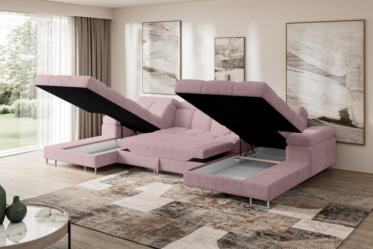 WOHNLANDSCHAFT mit Schlaffunktion und Bettkasten COMA U2 345x203x79 Rosa Cord - Rosa, Holzwerkstoff/Textil (345/79/203cm) - ALTDECOR