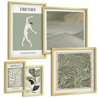 BILDER SET 5er Set - 50x50 cm & 20x30 cm & 40x60 cm Goldrahmen - Abstrakte Pflanzenmuster - Goldfarben, Kunststoff (40/60cm) - TULUP