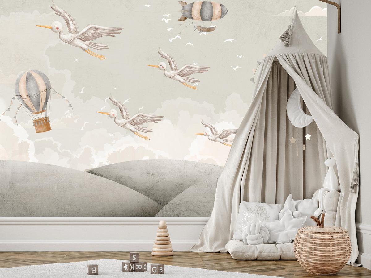 FOTOTAPETE für Kinderzimmer Boho Störche Aquarell Balon Luftschiff Himmel 300x210 - Beige/Weiß, Papier (300/210cm) - Muralo
