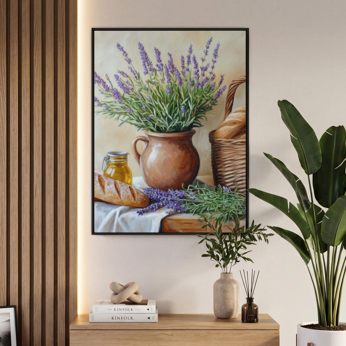 LEINWAND Bilder mit Rahmen - Lavendel - Brot - Stilleben - 70x100 - Flieder, Textil (70/100cm) - MuchoWow