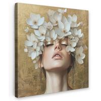 LEINWANDBILD Gesicht - Blumen - Gold - Abstrakt Deko Wohnzimmer 20x20 cm - Goldfarben, Textil (20/20cm) - MuchoWow