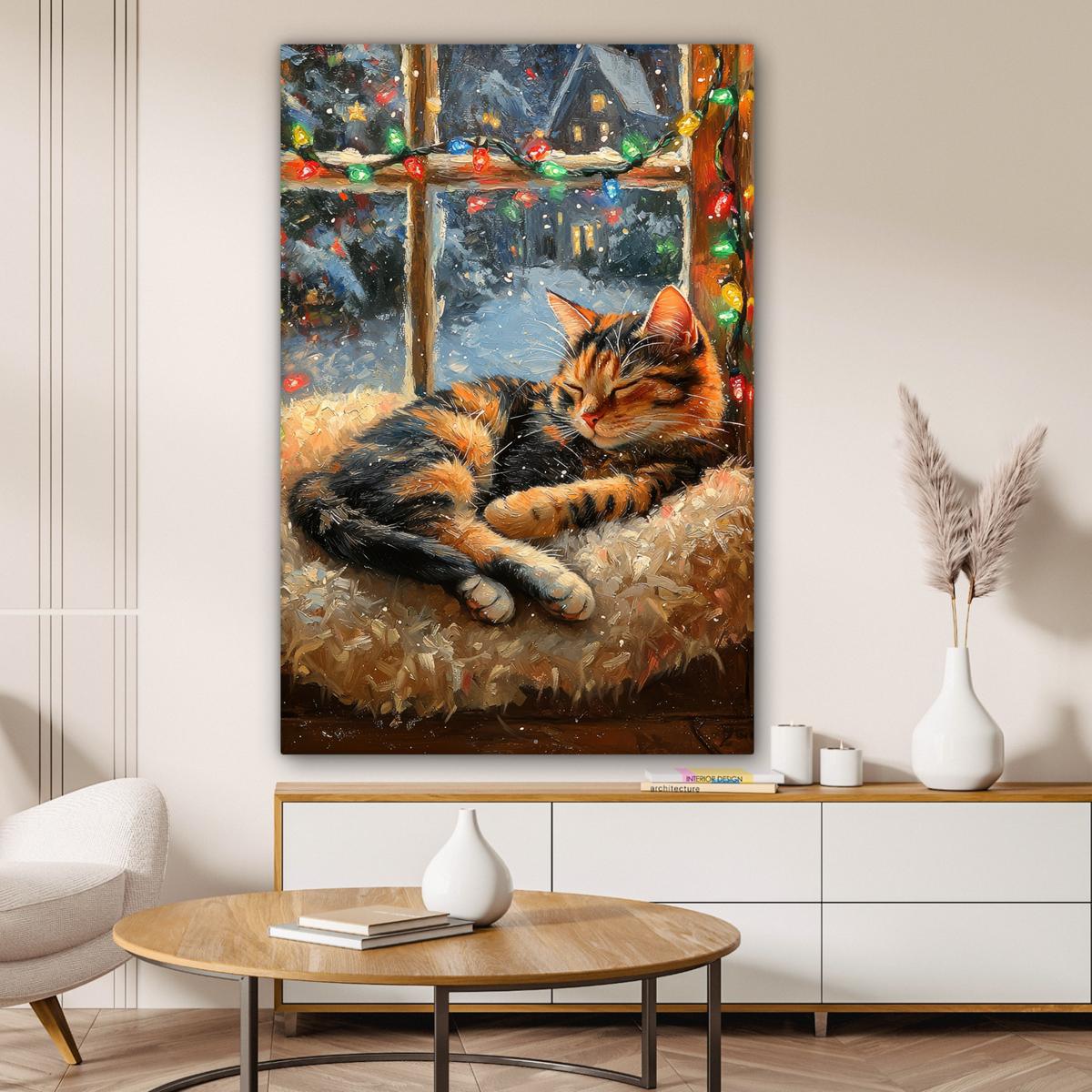 LEINWANDBILD Katze - Weihnachten - Winter - Tier Deko XXL 80x120 cm - Bernsteinfarben, Textil (80/120cm) - MuchoWow