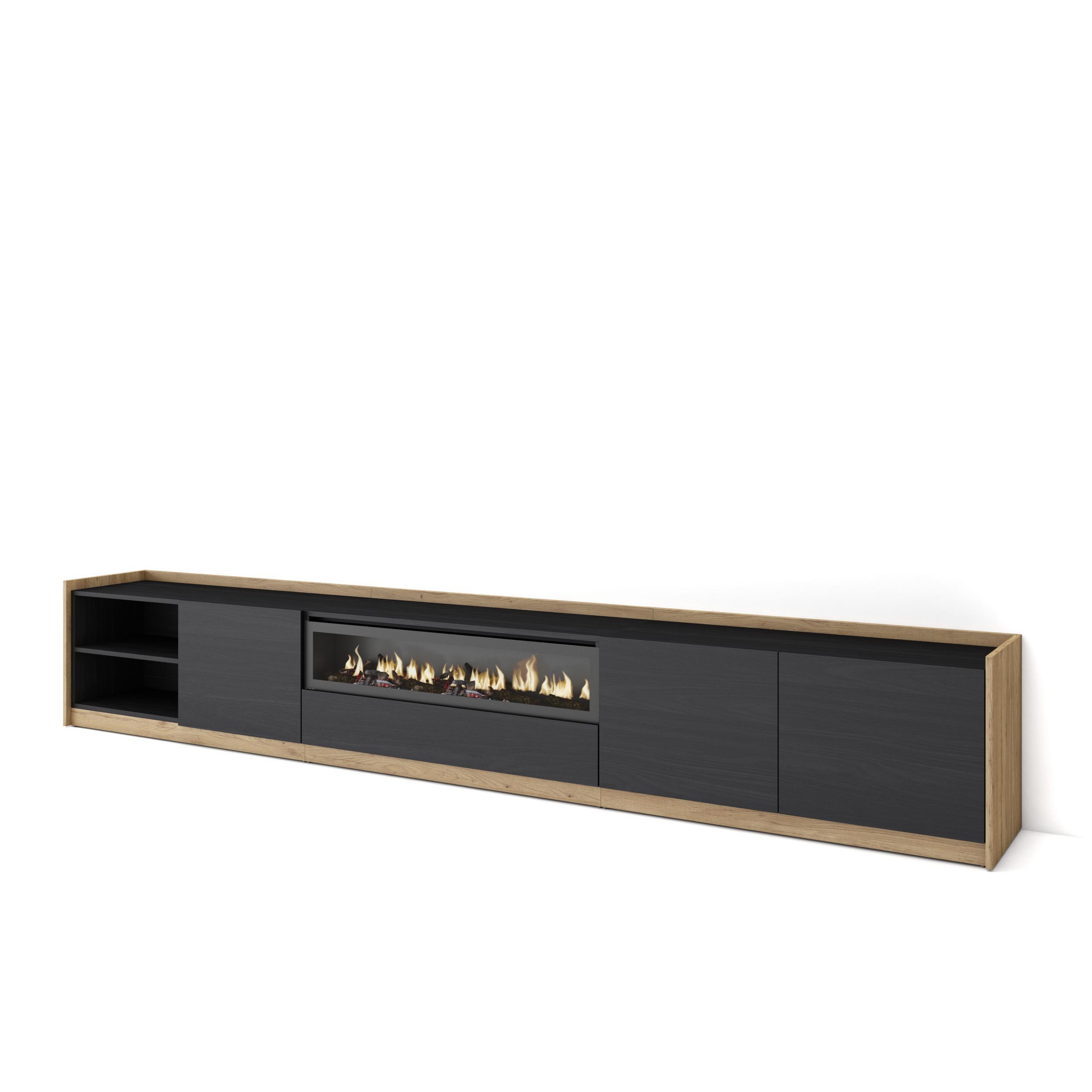LOWBOARD, Schwarz Eiche, Elektrokamin, 310/37/50cm - Schwarz, Holzwerkstoff (310/50/37cm) - Skraut Home