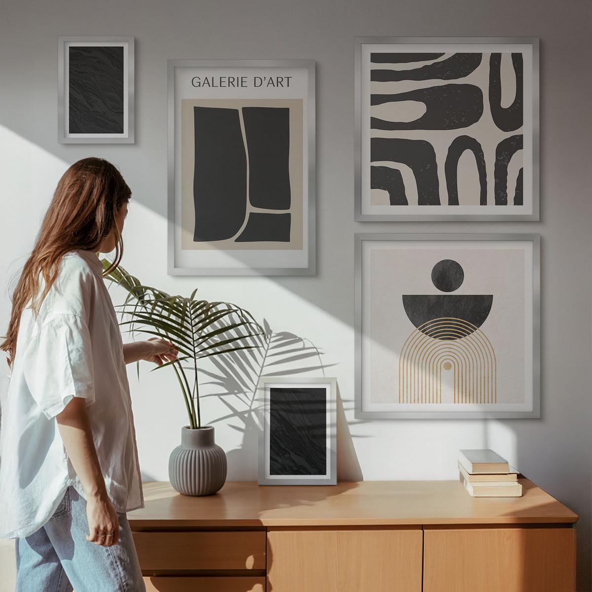 BILDER SET 5er Set - 50x50 cm & 20x30 cm & 40x60 cm Silberner Rahmen - Abstrakte Marmorformen - Silberfarben, Kunststoff (40/60cm) - TULUP