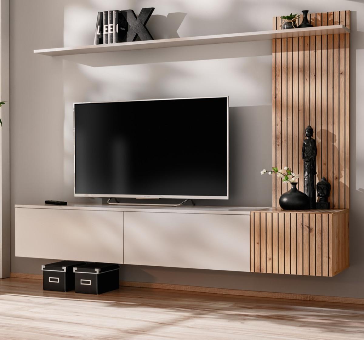 WOHNWAND Sand matt, Eiche Artisan 180 cm, Schrankwand hängend - Sandfarben/Eiche Artisan, Holzwerkstoff (180/130/40cm) - Inn.Furn