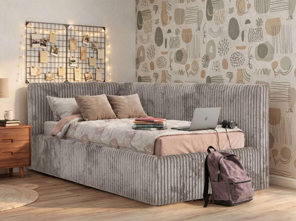 POLSTERBETT TILVO 90/200 - Hellbraun Cord - Ohne Matratze - Links - Hellbraun, Textil (90/200cm) - MKS