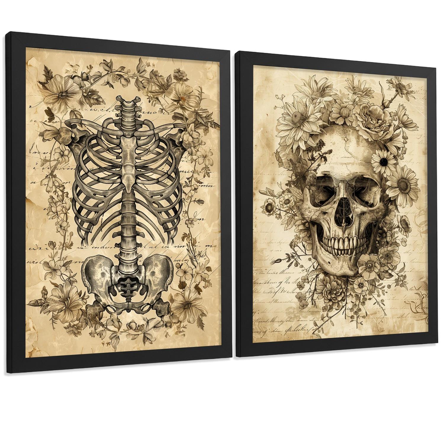 POSTER Set aus 2 Anatomie Mensch Drucke und Wandbilder mit Schädel Wirbelsäule Rippen Becken Klassisches Vintage Design Größe Schwarzer Rahmen A3 - Schwarz, Papier (29.7/42/3cm) - Nacnic