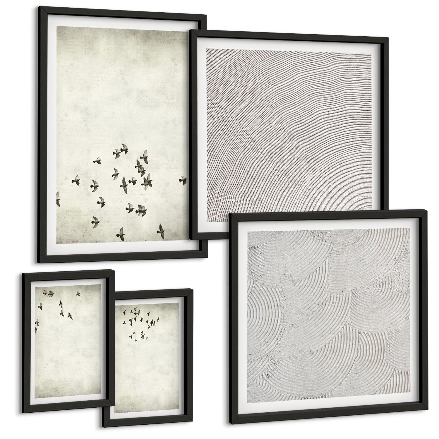 BILDER SET 5er Set - 50x50 cm & 20x30 cm & 40x60 cm Schwarzer Rahmen - Minimalistische Vogelmalerei - Schwarz, Kunststoff (40/60cm) - TULUP