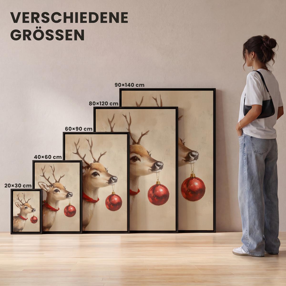 LEINWAND Bilder mit Rahmen - Weihnachten - Hirsch - Geweih - Weihnachtskugel - Rentier - 80x120 - Hellbraun, Textil (80/120cm) - MuchoWow