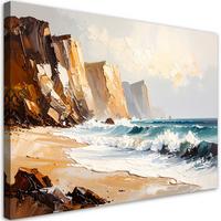LEINWANDBILD Felsen Strand Meer wie gemalt 90x60cm - Beige, Textil (90/60cm) - Feeby