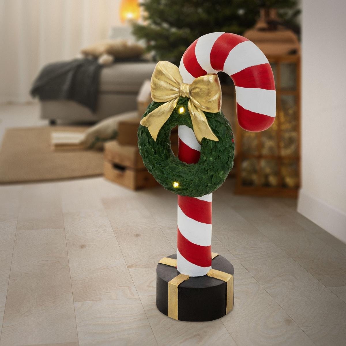 ZUCKERSTANGE-DEKOFIGUR mit LED-Beleuchtung Weihnachtsdeko Innen H: 68 cm mit Kranz 30 cm & Schleife - Multicolor, Stein (30/68/20cm) - ECD-Germany