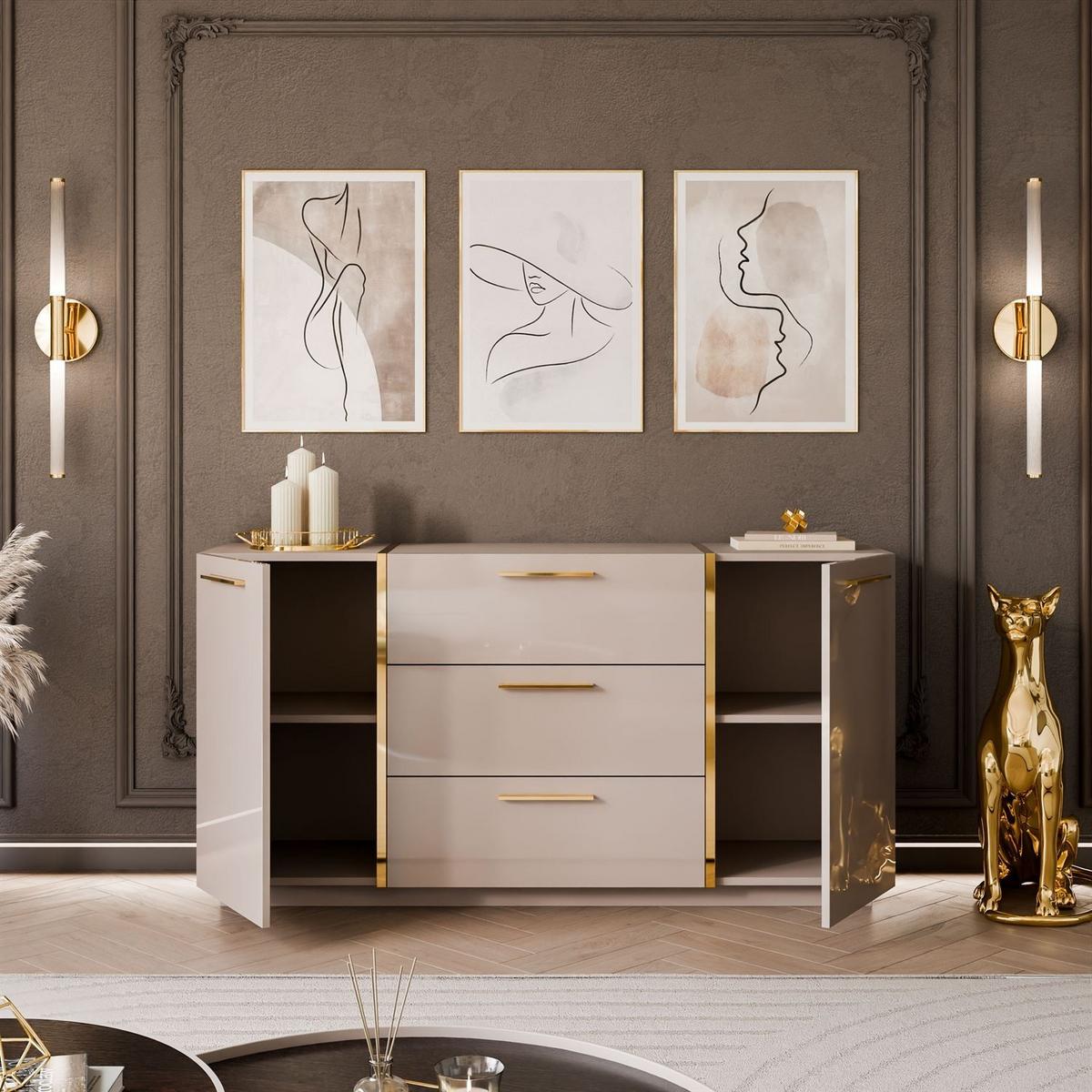 SIDEBOARD mit Schubladen ONYX Kaschmir Hochglanz - Kaschmir/Goldfarben, Holzwerkstoff (158/81/41.3cm) - Lookway