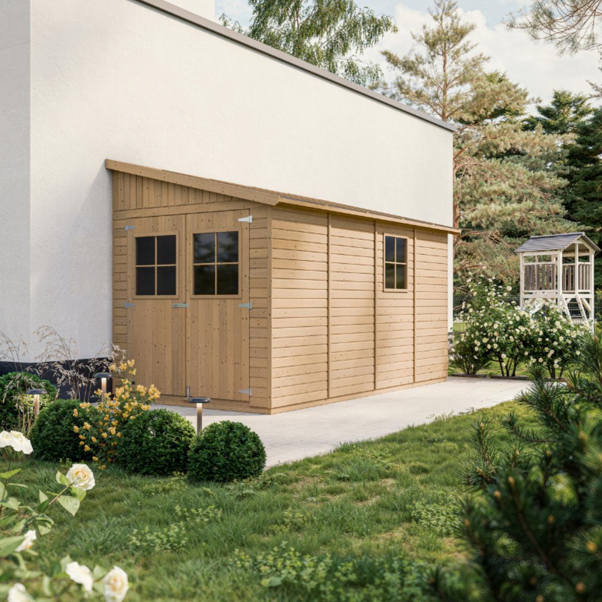 HOLZ-GARTENHAUS (ohne Seitenwand) - H244x211x416 cm/8 m2 - M340 - Beige, Holz (216/243/395cm) - Timbela