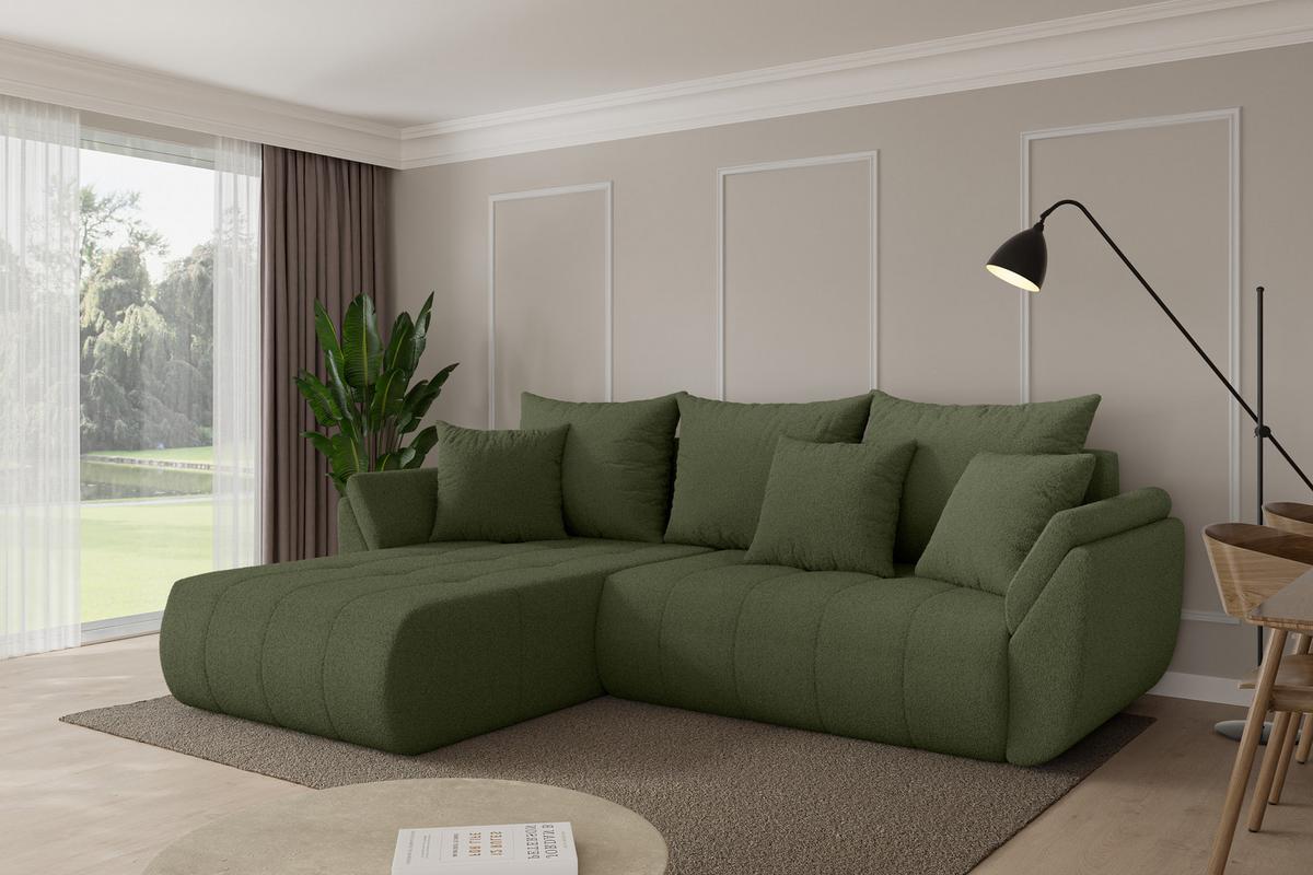 ECKSOFA mit Schlaffunktion Ottomane Links TOKO-L 277x194x86 Grün Bouclé - Schwarz/Olivgrün, Holzwerkstoff/Kunststoff (277/194cm) - ALTDECOR