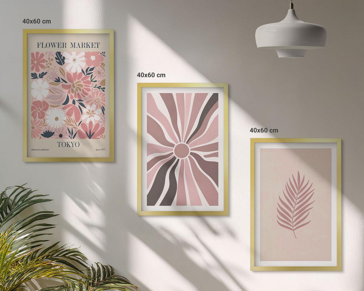 BILDER SET 3er Set - 40x60 cm Goldrahmen - Florale Blattmuster und Geometrie - Goldfarben, Kunststoff (40/60cm) - TULUP