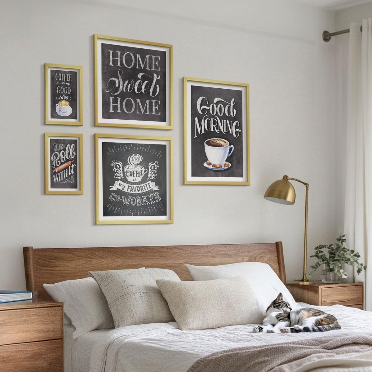BILDER SET 5er Set - 50x50 cm & 20x30 cm & 40x60 cm Goldrahmen - Kaffeeroller, heimelige Wärme - Goldfarben, Kunststoff (40/60cm) - TULUP