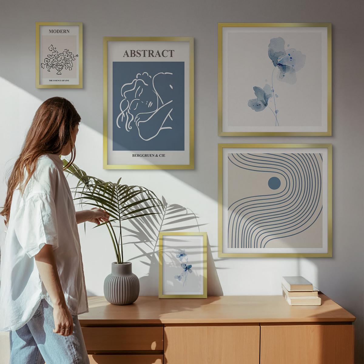 BILDER SET 5er Set - 50x50 cm & 20x30 cm & 40x60 cm Goldrahmen - abstrakte Poster mit Blumenlinien - Goldfarben, Kunststoff (40/60cm) - TULUP
