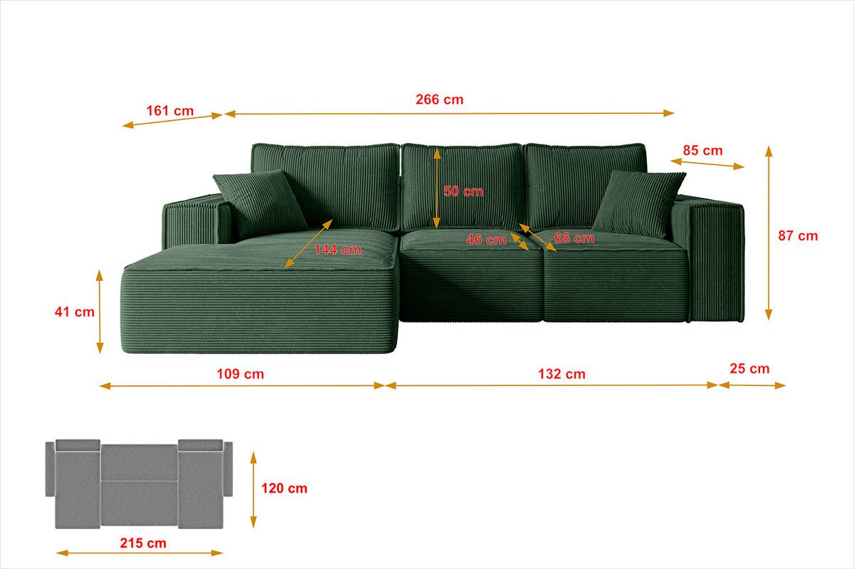 ECKSOFA mit Schlaffunktion und Bettkasten SERRA-L-S - 266x161x87 cm Grün Cord - Schwarz/Grün, Holzwerkstoff/Kunststoff (266/161cm) - ALTDECOR
