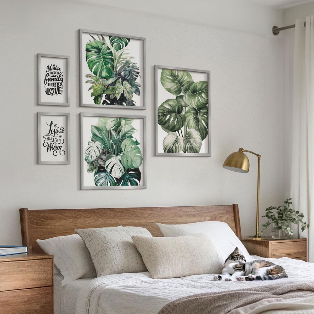 BILDER SET 5er Set - 50x50 cm & 20x30 cm & 40x60 cm Silberner Rahmen - Gemalte Abstraktionen der Natur - Silberfarben, Kunststoff (40/60cm) - TULUP