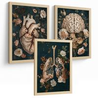 POSTER Set aus 3 Anatomie Drucke und Dekorative Wandbilder mit Herz Gehirn Lungen Atmungssystem Florales Grün Gold Design Größe Leichter Holzrahmen A3 - Beige, Papier (29.7/42/3cm) - Nacnic