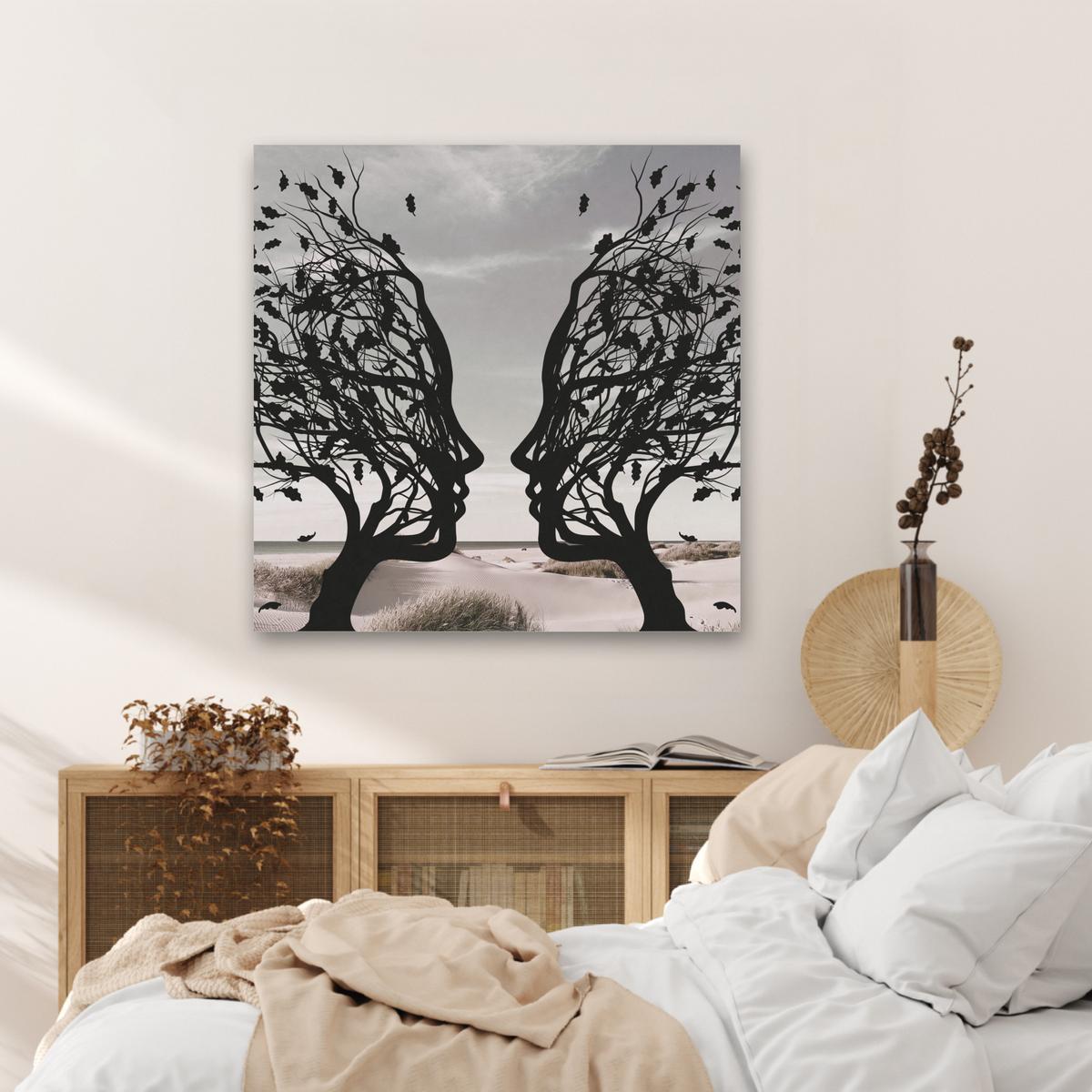 AKUSTIKBILD Strand - Meer - Menschen - Baum - Moderne Kunst Akustikpaneele 80x80 cm - Hellgrau, Kunststoff (80/80/0.9cm) - MuchoWow