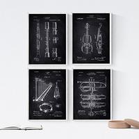 POSTER Set mit 4 Schwarz Orchester Instrumenten Patenten A4 Schwarzer Rahmen - Schwarz, Papier (29.7/3cm) - Nacnic