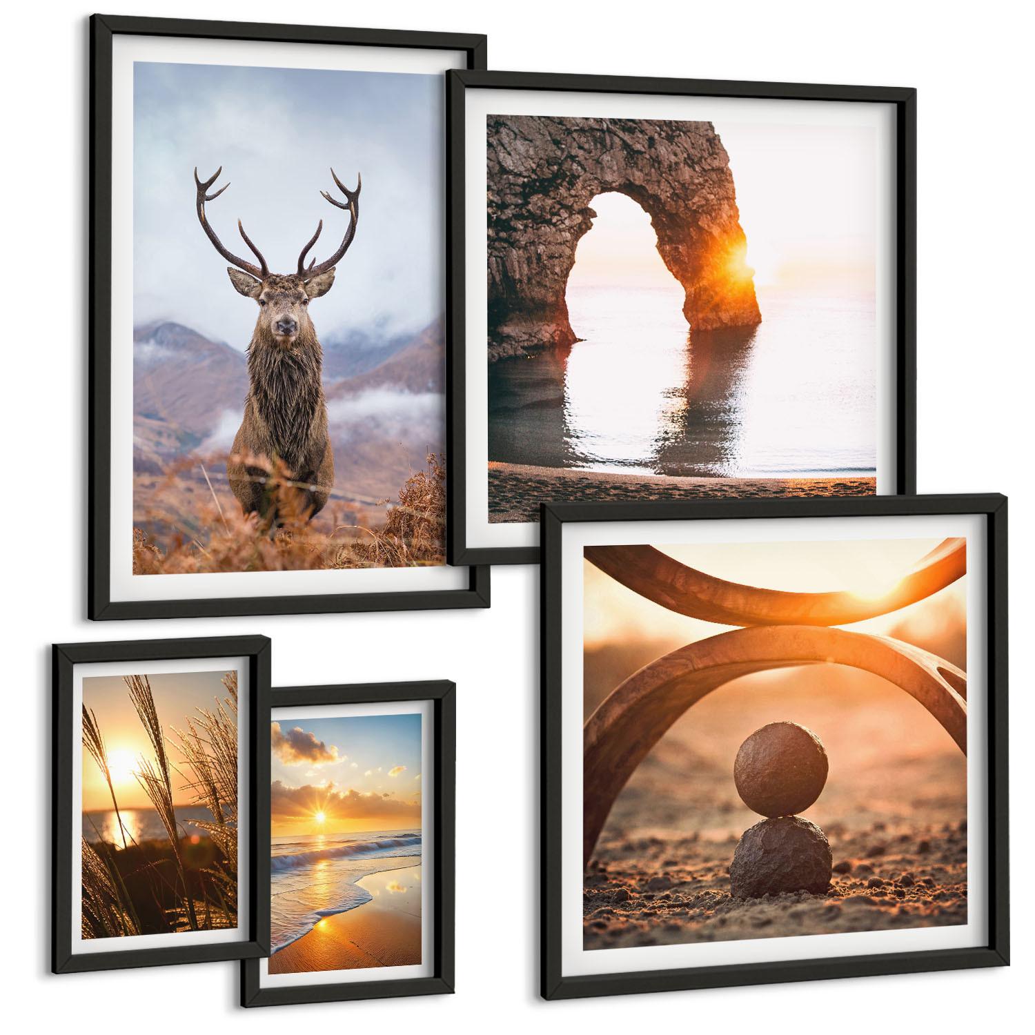 BILDER SET 5er Set - 50x50 cm & 20x30 cm & 40x60 cm Schwarzer Rahmen - Blätter des Weißen Tigerwasserfalls - Schwarz, Kunststoff (40/60cm) - TULUP