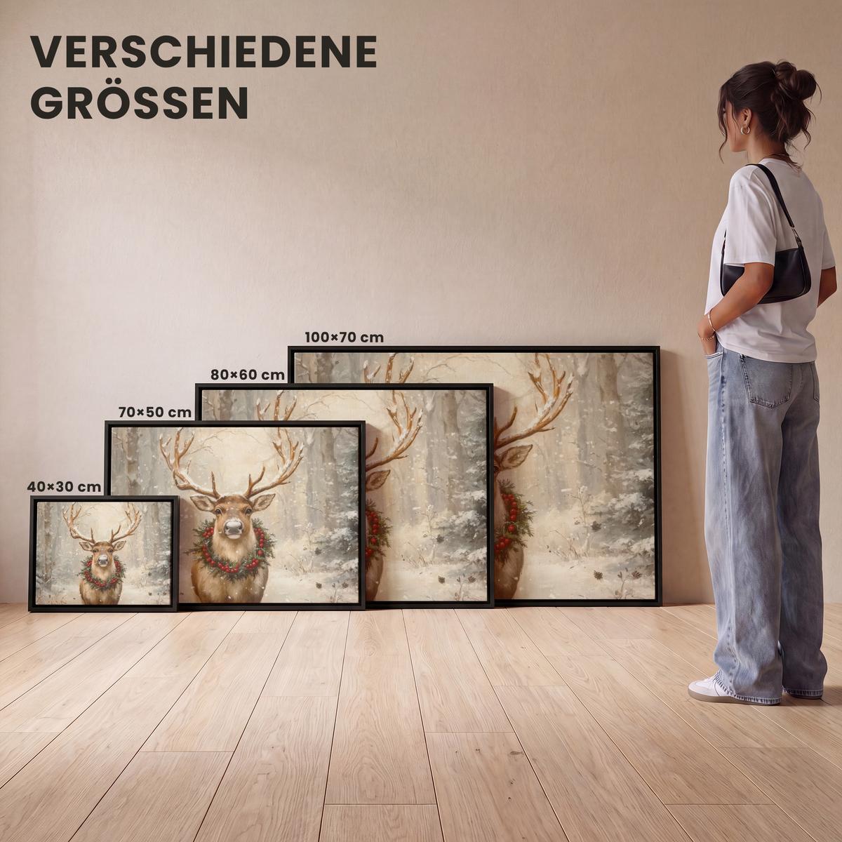 LEINWAND Bilder mit Rahmen - Weihnachten - Rentier - Winter - Kranz - 100x70 - Naturfarben, Textil (100/70cm) - MuchoWow