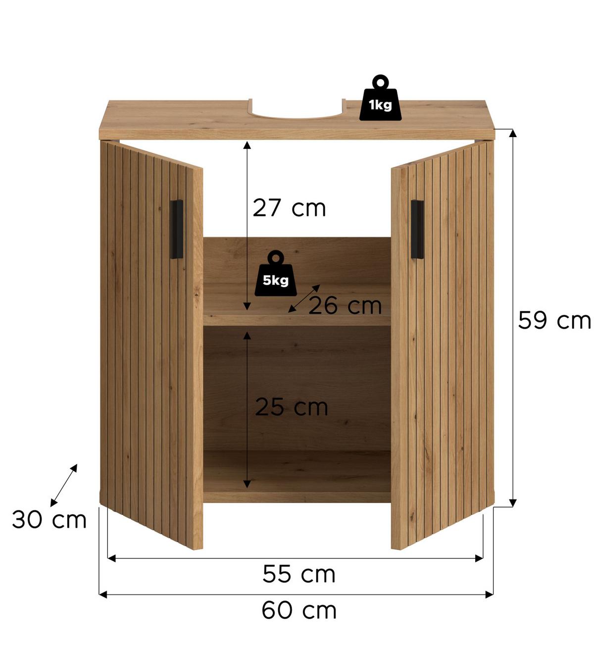 WASCHBECKENUNTERSCHRANK Eiche Artisan 80 cm, Badezimmer Unterschrank mit Rillen-Optik - Schwarz/Eiche Artisan, Holzwerkstoff/Kunststoff (60/59/30cm) - Inn.Furn