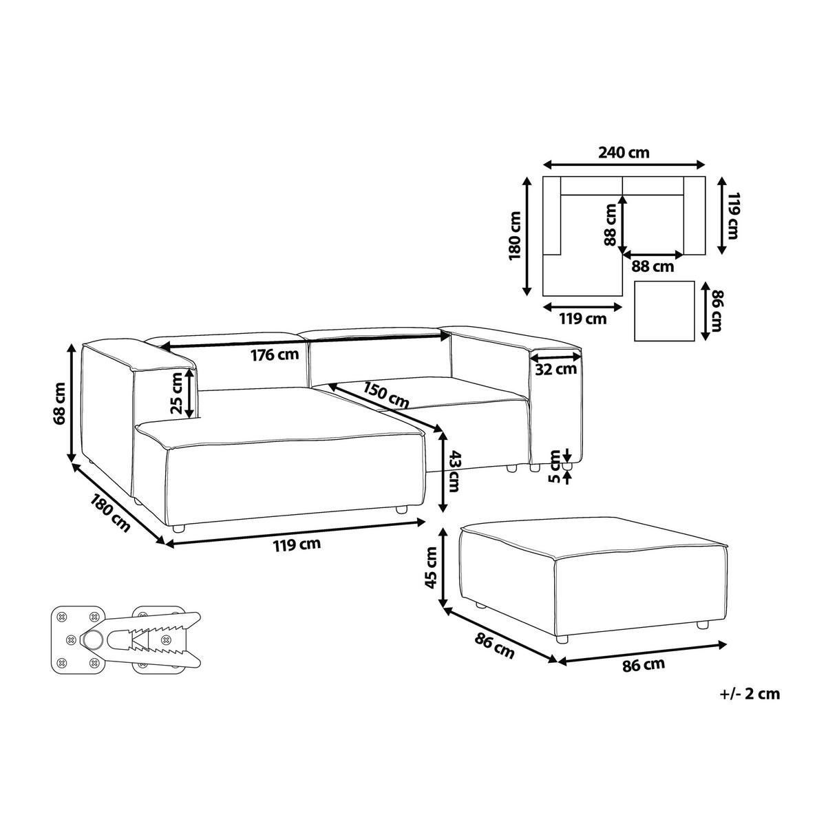 ECKSOFA Modul 3-Sitzer rechtsseitig Hellbraun Cord mit Ottomane Ardal - Hellbraun, Textil (240/180cm) - Beliani