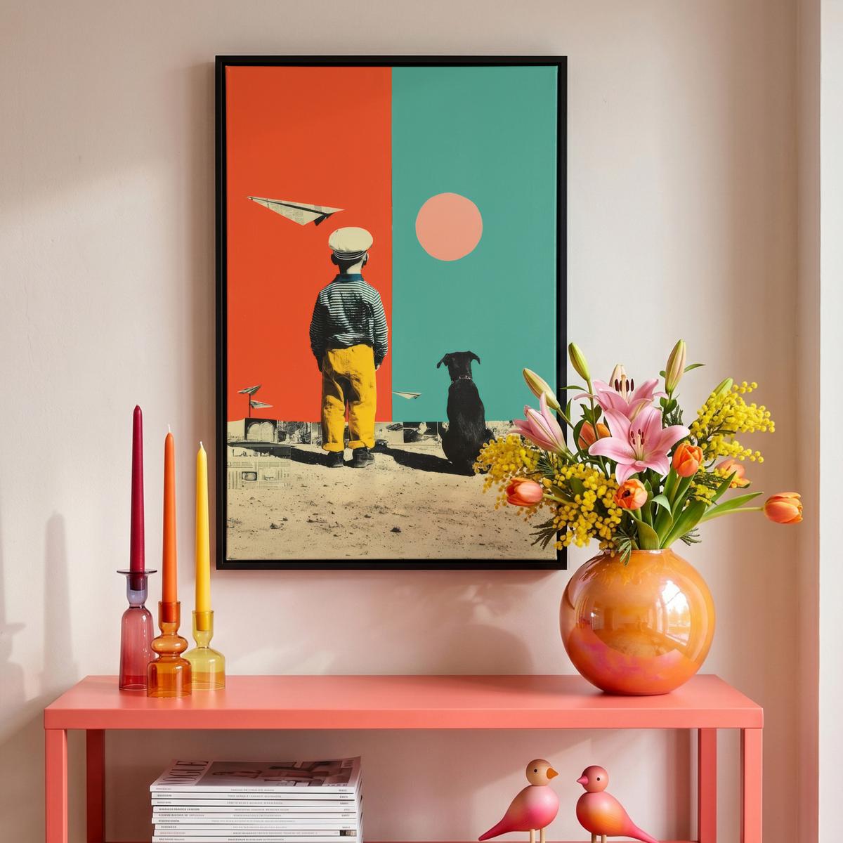 LEINWAND Bilder mit Rahmen - Retro - Junge - Hund - Rot - Grün - 40x60 - Orange, Textil (40/60cm) - MuchoWow