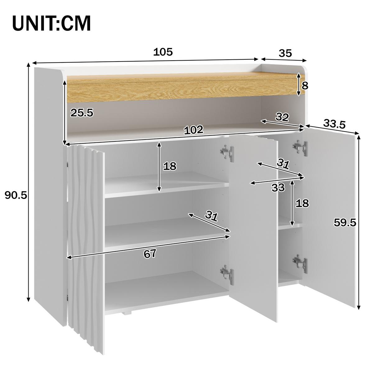 SIDEBOARD Weiß & Natur mit LED-Beleuchtung 3 Türen Wellenmuster Schuhschrank - Weiß, Holzwerkstoff (105/90.5/35cm) - Urban Meuble