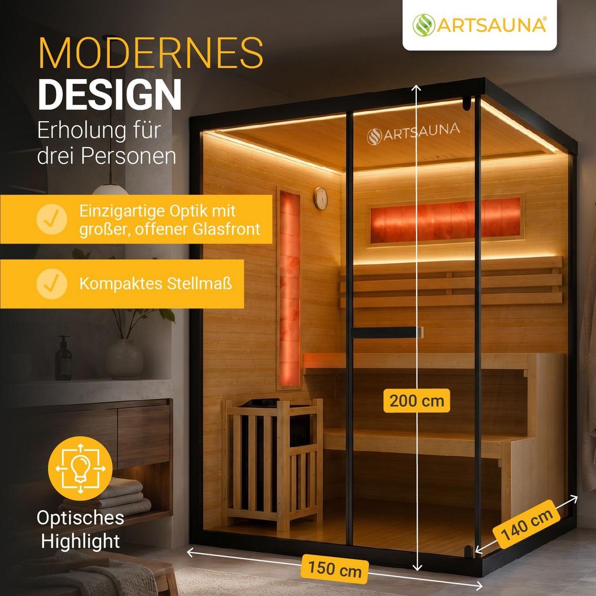 SAUNA Vantaa 150 x 140 cm mit 4,5 kW Saunaofen - Schwarz, Holz (140/200/150cm) - Artsauna