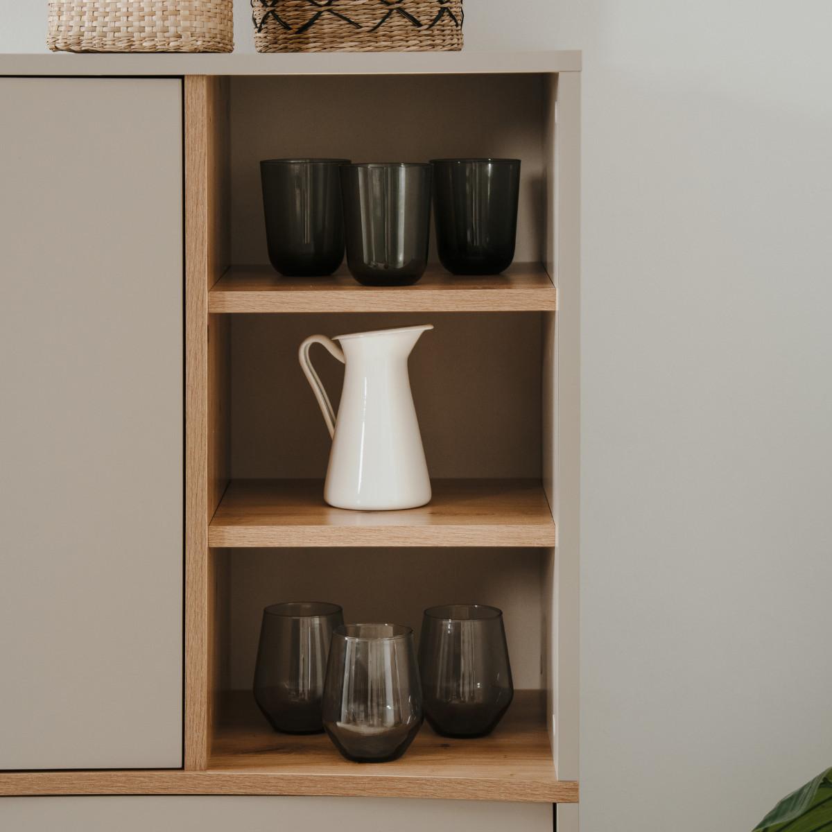 SIDEBOARD hoch mit 2 Türen, 6 Nischen, Dekor in Sand und Eiche, handwerklich gefertigt 37,5/90/140 cm - Beige, Holzwerkstoff (37.5/140/90cm) - Calicosy