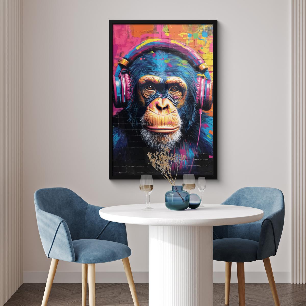 POSTER MIT RAHMENGERAHMTES BILD Graffiti - Schimpanse - Straßenkunst - Kopfhörer - Affe 60x90 cm - Blau, Papier (60/90cm) - MuchoWow